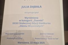 Wyróżnienie dla Julii Dąbały w konkursie „Ośmiu Wspaniałych”