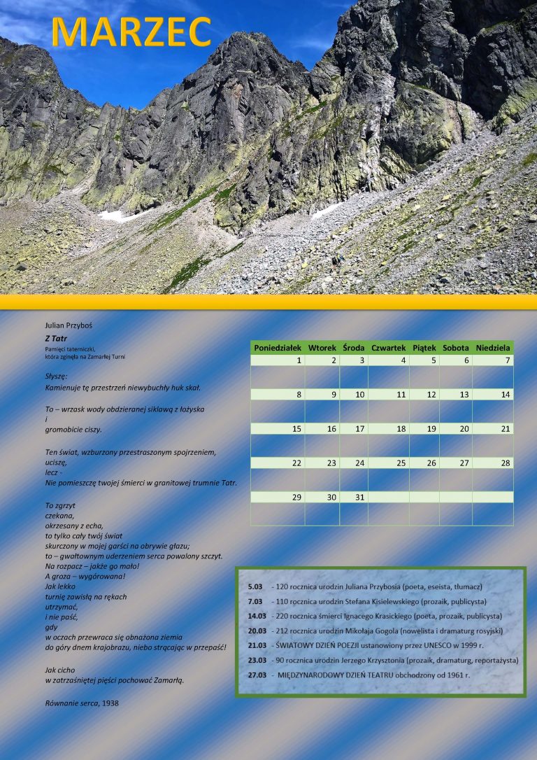 Kalendarz na marzec z zdjęciem zbocza górskiego