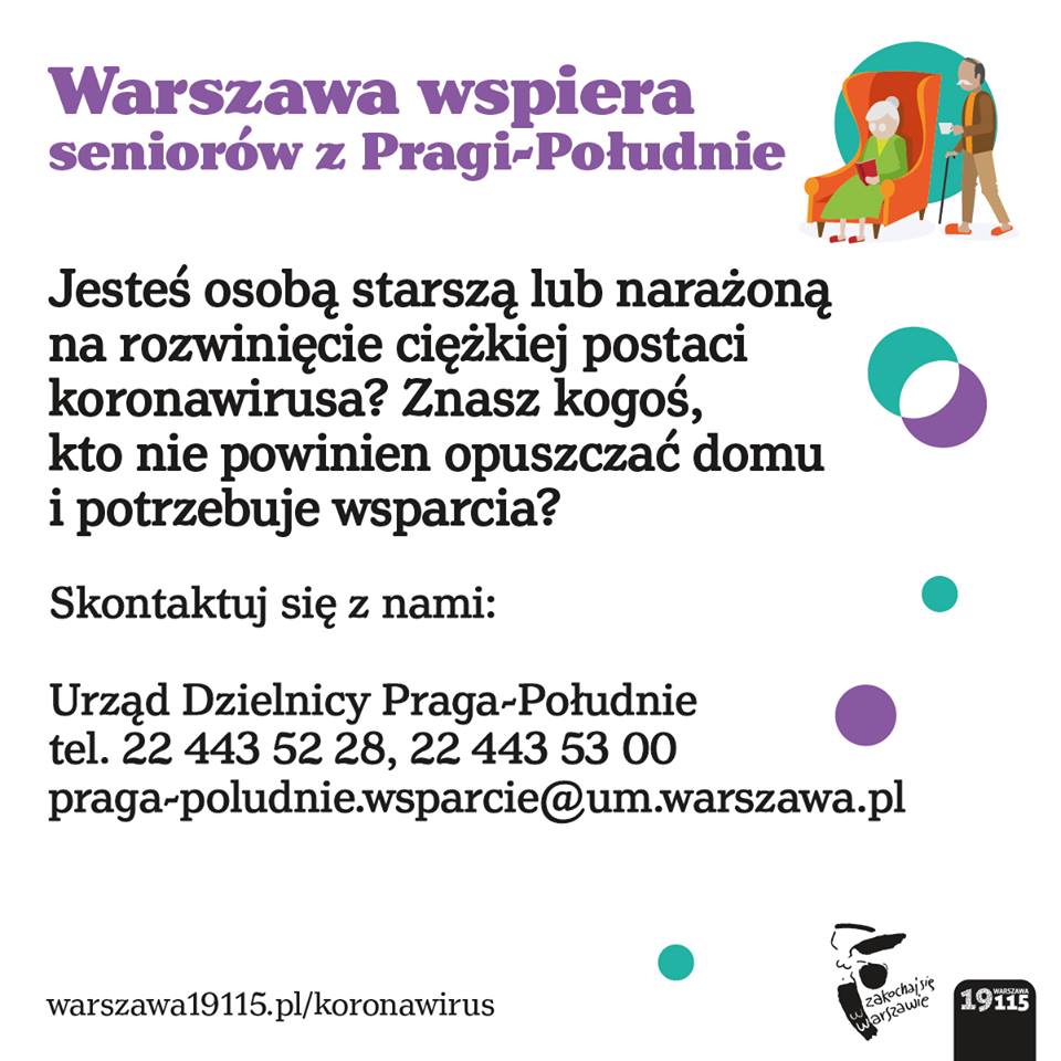 Plakat akcji Warszawa wspiera seniorów z Pragi-Południe